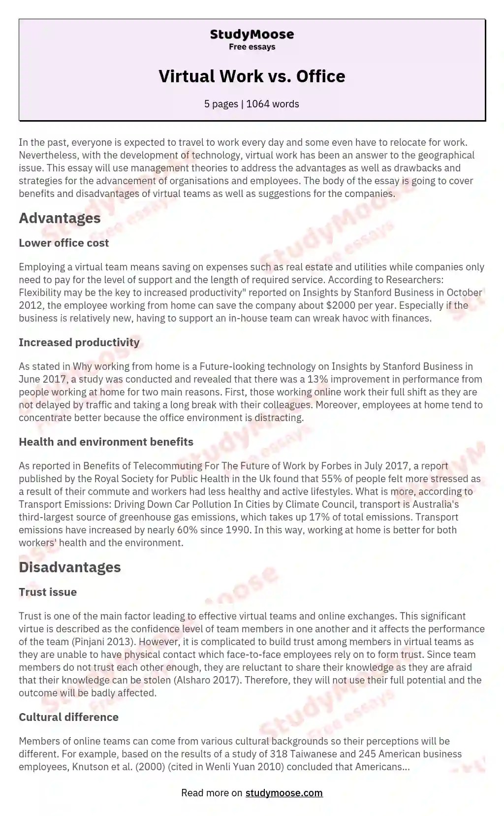 Virtual Work vs. Office Free comparison essay example, compare and