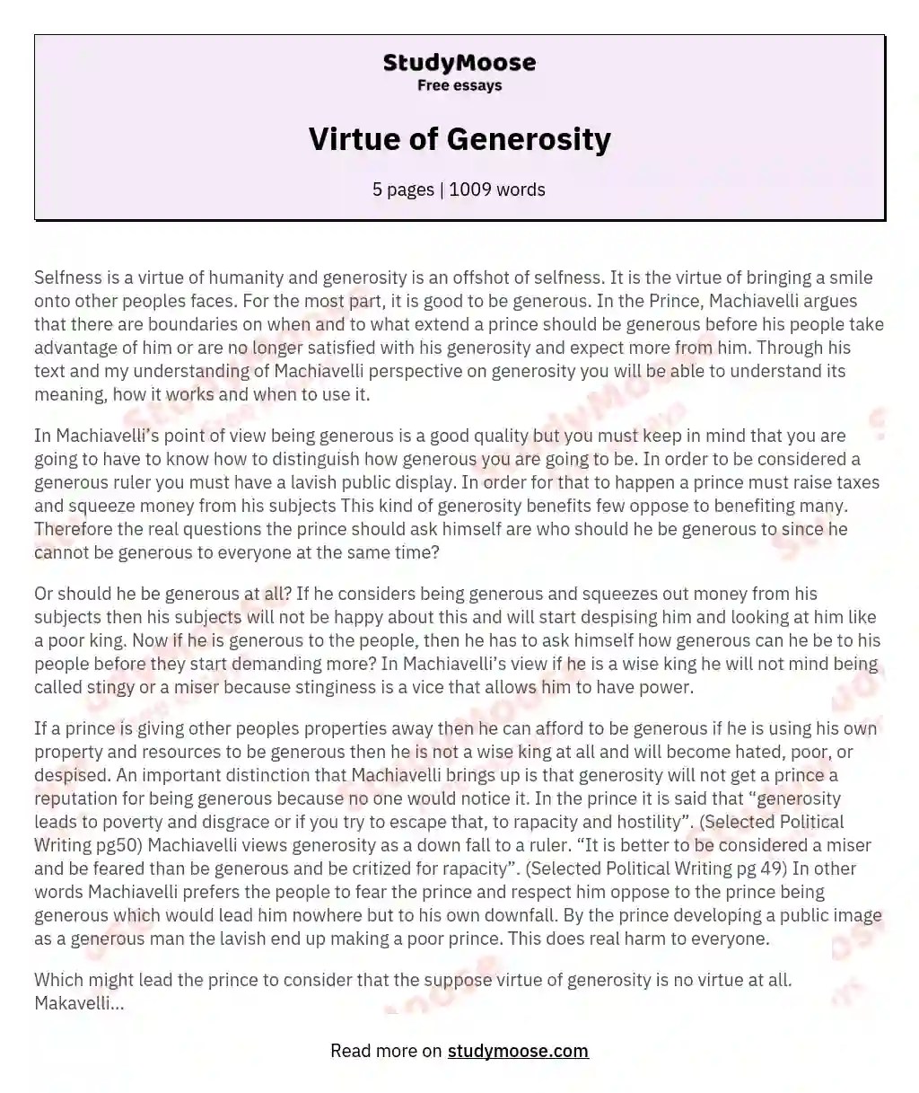 Virtue of Generosity Free Essay Example