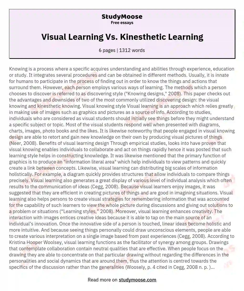 Visual Learning Vs. Kinesthetic Learning Free Essay Example