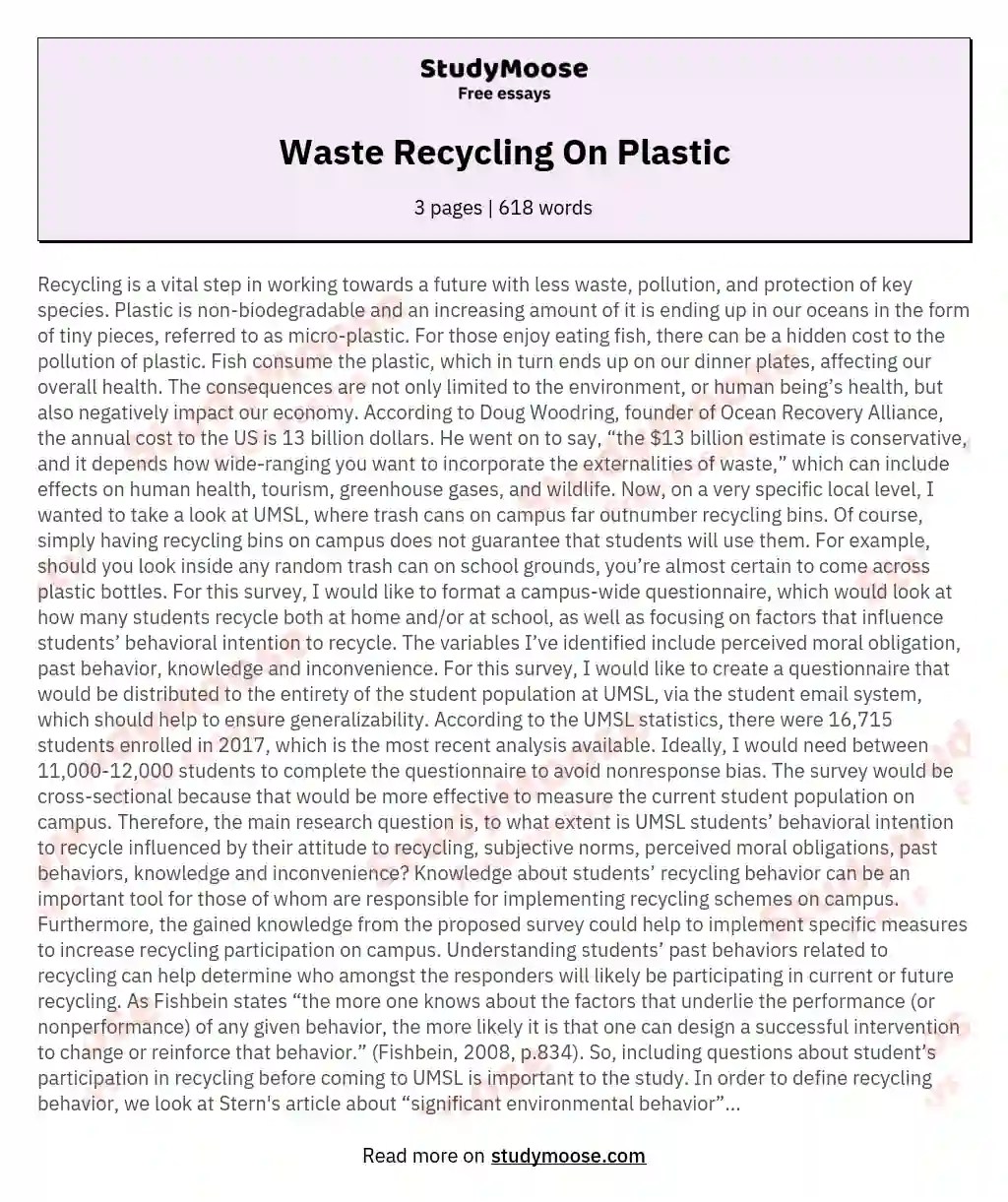 Waste Recycling On Plastic Free Essay Example