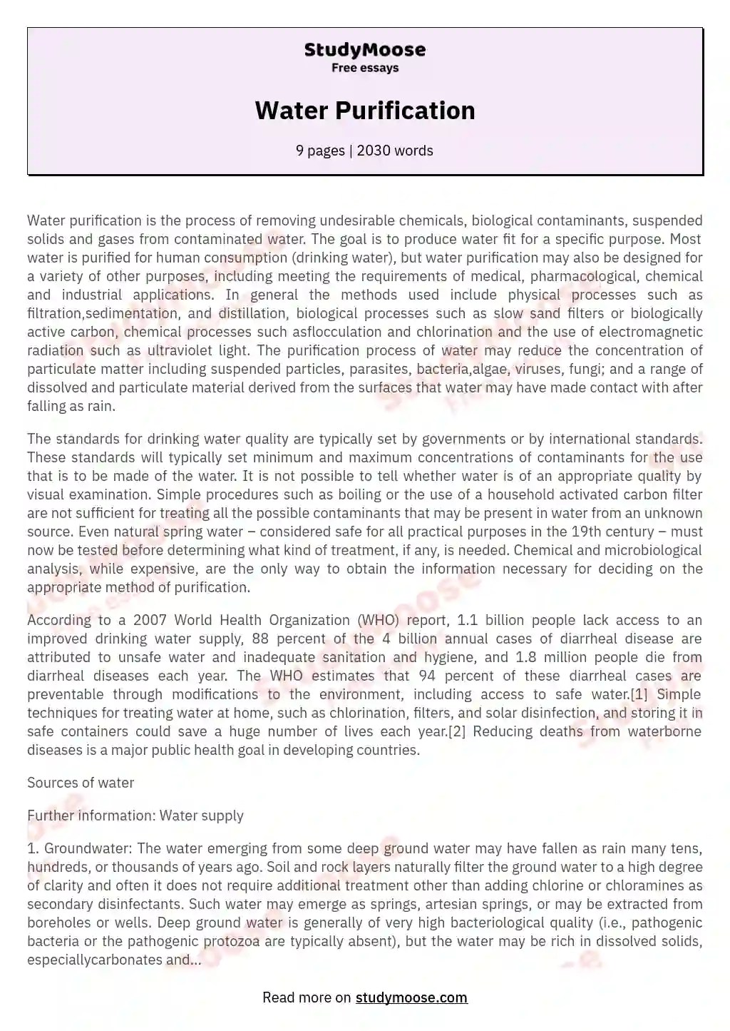 Water Purification Free Essay Example