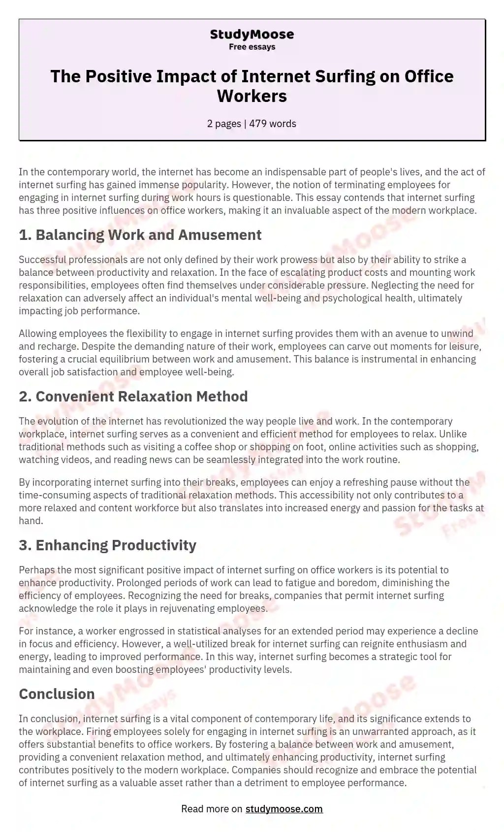 The Positive Impact of Surfing on Office Workers Free Essay