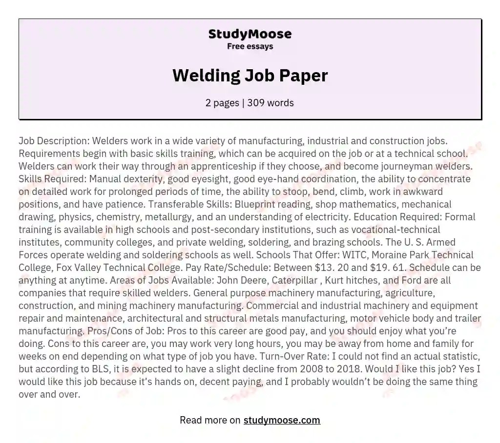 Welding Job Paper Free Essay Example
