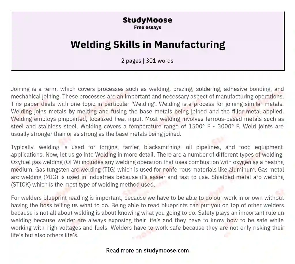 Welding Skills in Manufacturing Free Essay Example