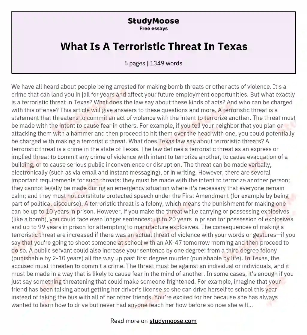 What Is A Terroristic Threat In Texas Free Essay Example