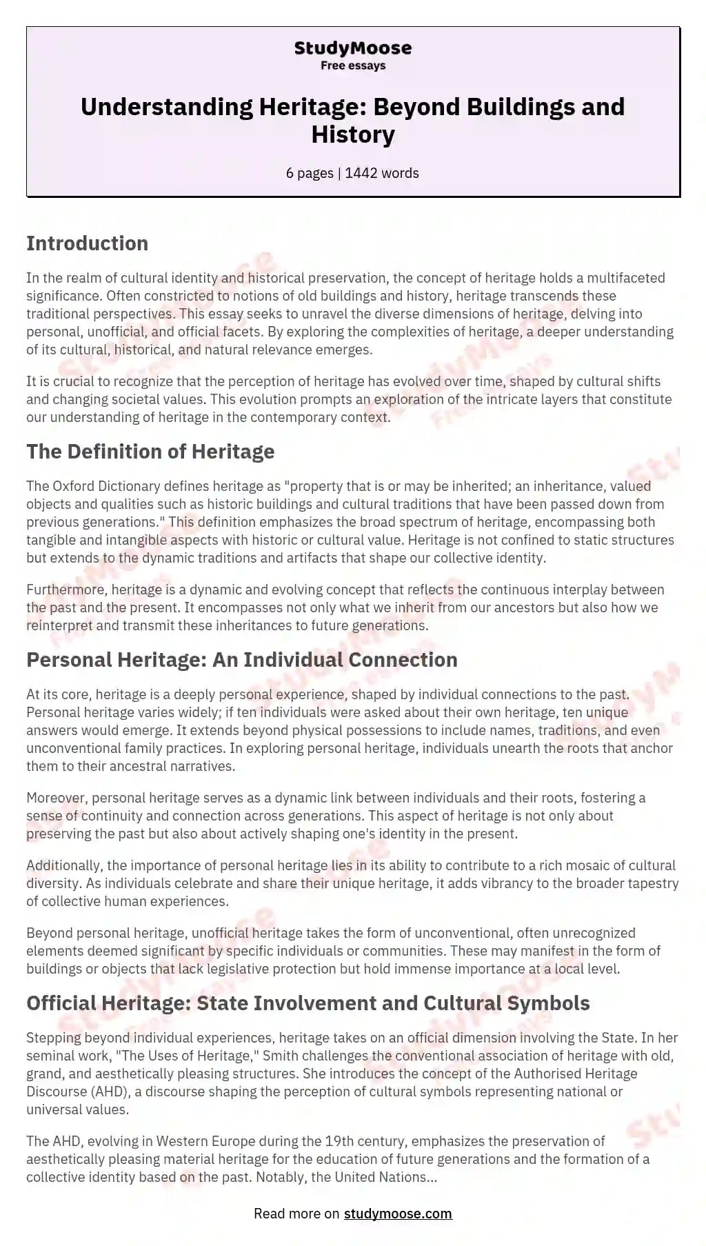 Understanding Heritage Beyond Buildings and History Free Essay Example