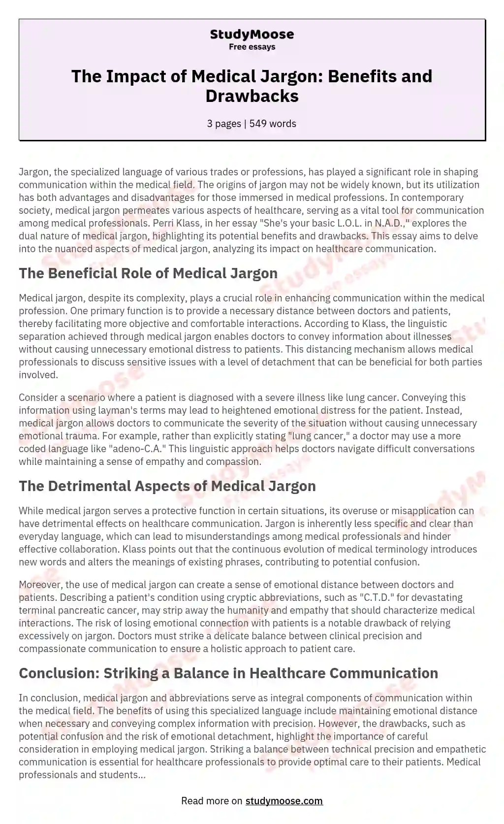 The Impact of Medical Jargon Benefits and Drawbacks Free Essay Example