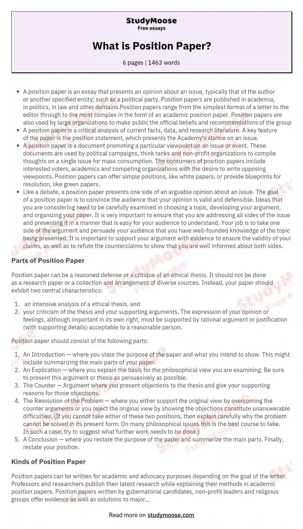 What is Position Paper? Free Essay Example