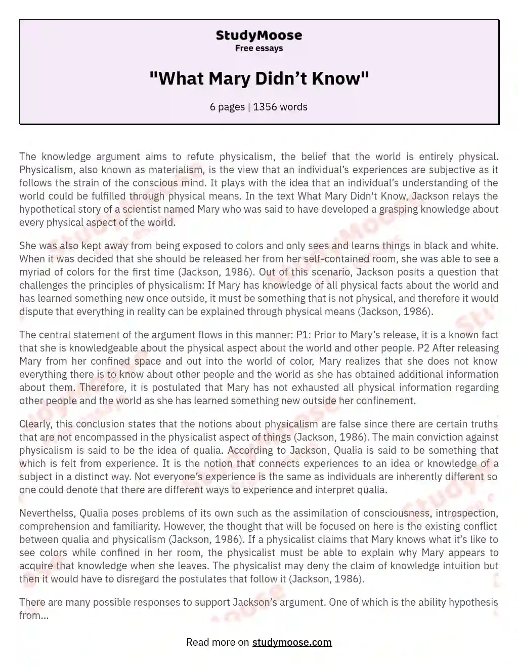 "What Mary Didn’t Know" Free Essay Example