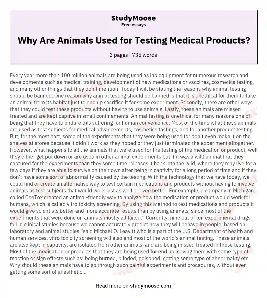 Why Are Animals Used for Testing Medical Products? Free Essay Example