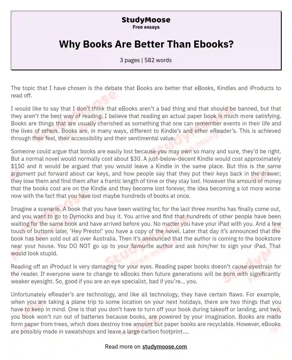 Why Books Are Better Than Ebooks? Free Essay Example