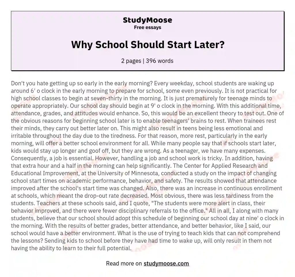 Why School Should Start Later? Free Essay Example