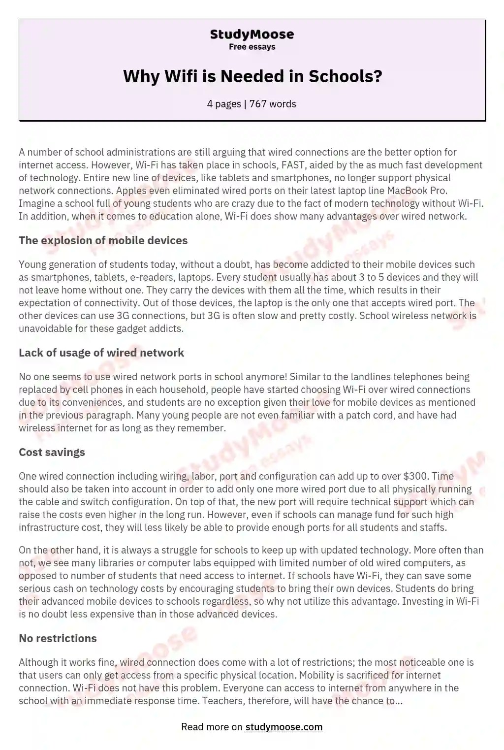Why Wifi is Needed in Schools? Free Essay Example