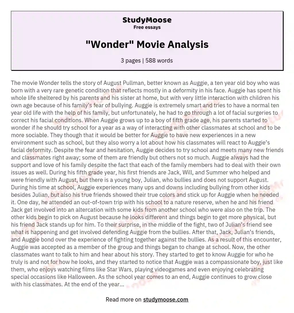 "Wonder" Movie Analysis Free Essay Example