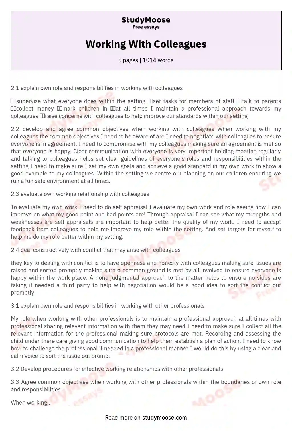 Working With Colleagues Free Essay Example