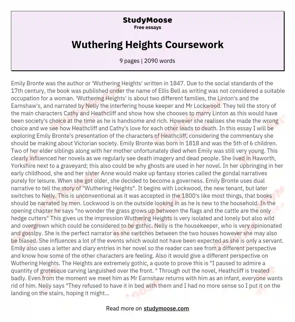 Wuthering Heights Coursework Free Essay Example