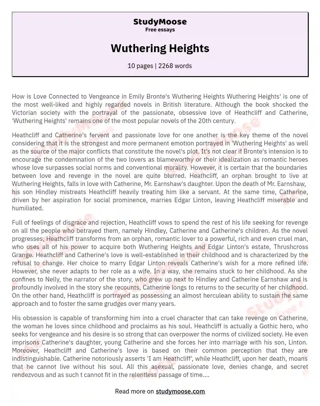 Wuthering Heights Free Essay Example