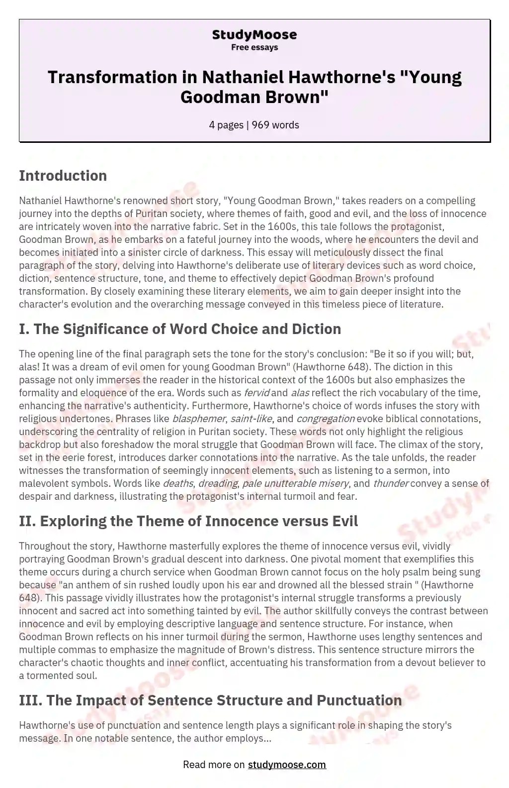 Transformation in Nathaniel Hawthorne's "Young Goodman Brown" Free