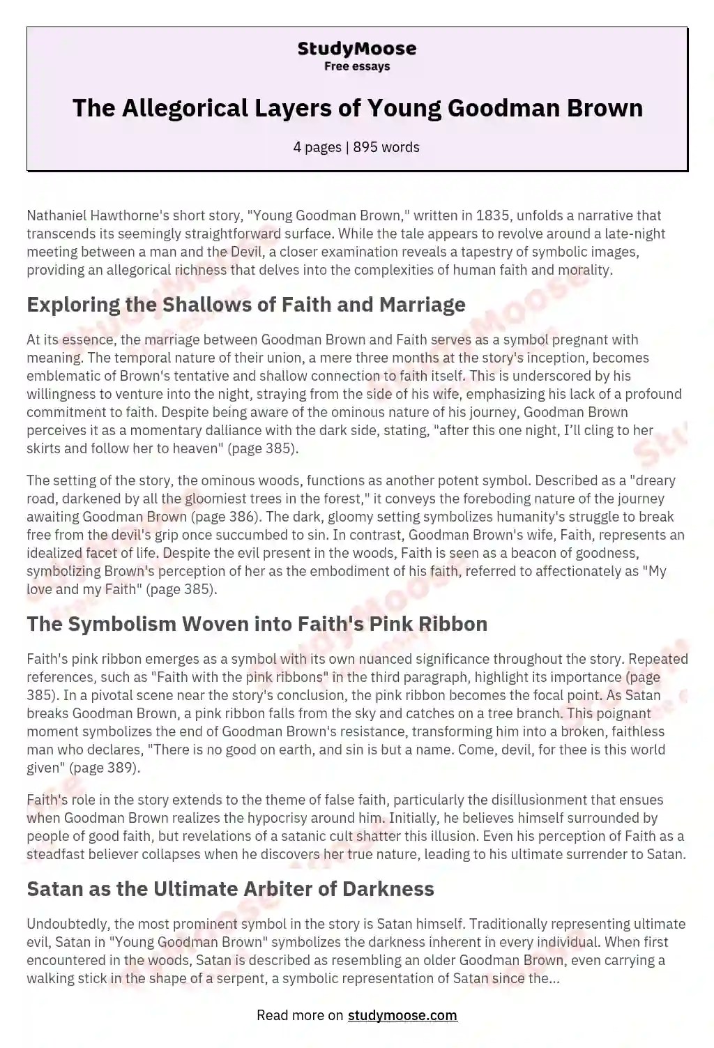 The Allegorical Layers of Young Goodman Brown Free Essay Example