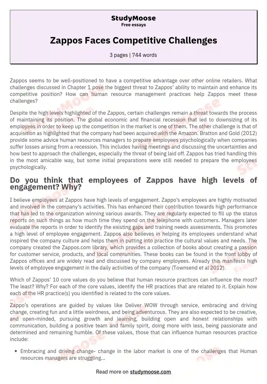 Zappos Faces Competitive Challenges Free Essay Example