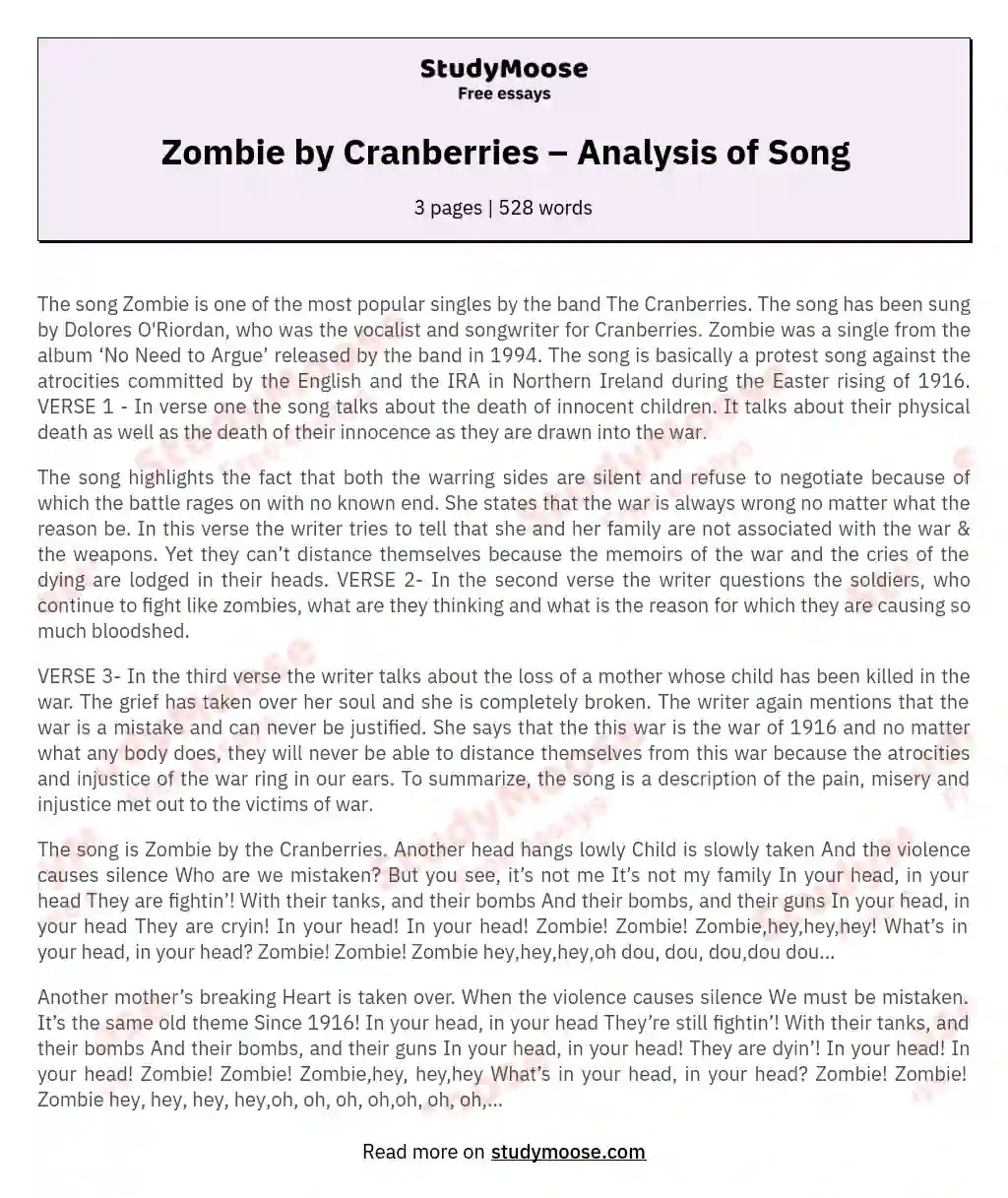 Zombie by Cranberries Analysis of Song Free Essay Example