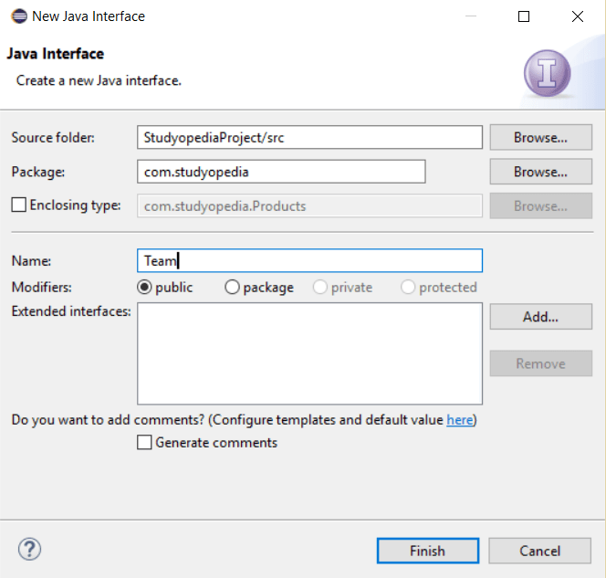 Create New Java Interface in Eclipse Studyopedia