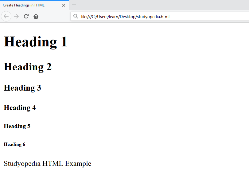 Creating headings in HTML web page Studyopedia