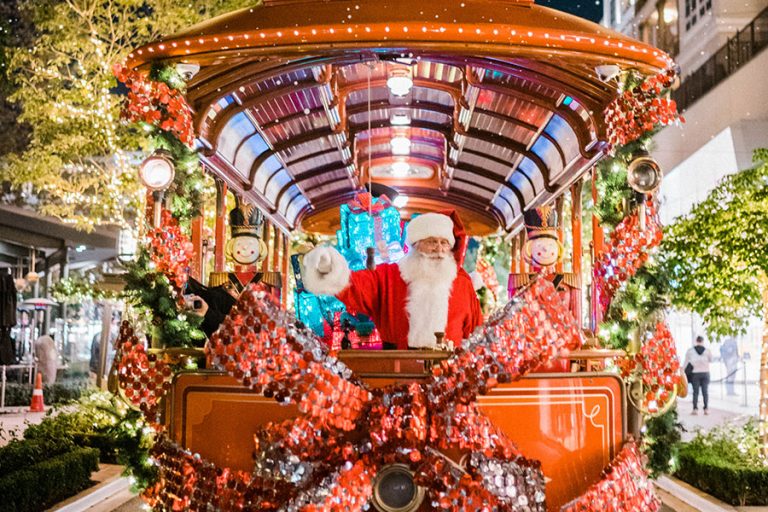 Holiday Lights, Christmas Tree, Snow, and Santa The Americana at Brand