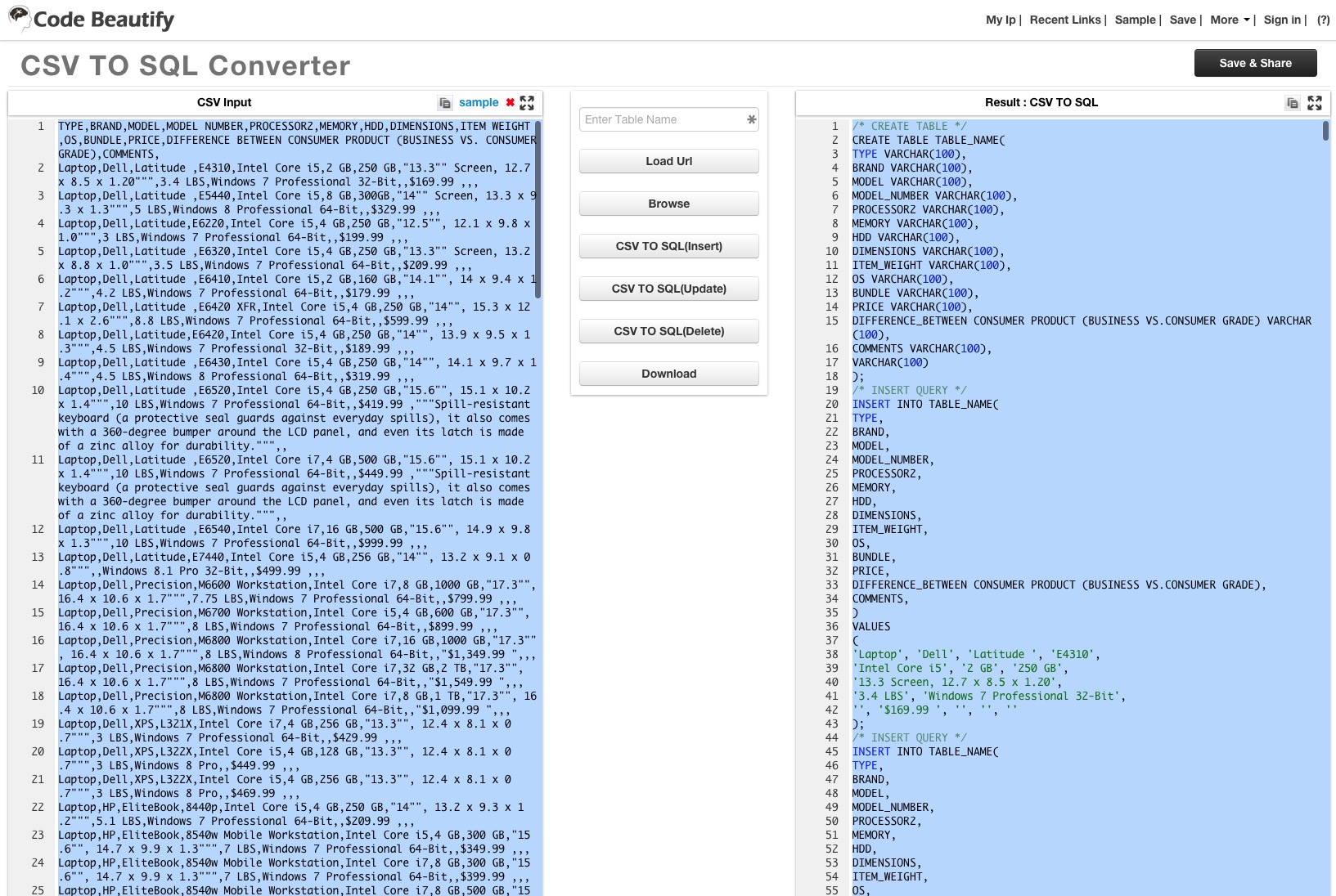 Convert CSV To MySQL Online tool!