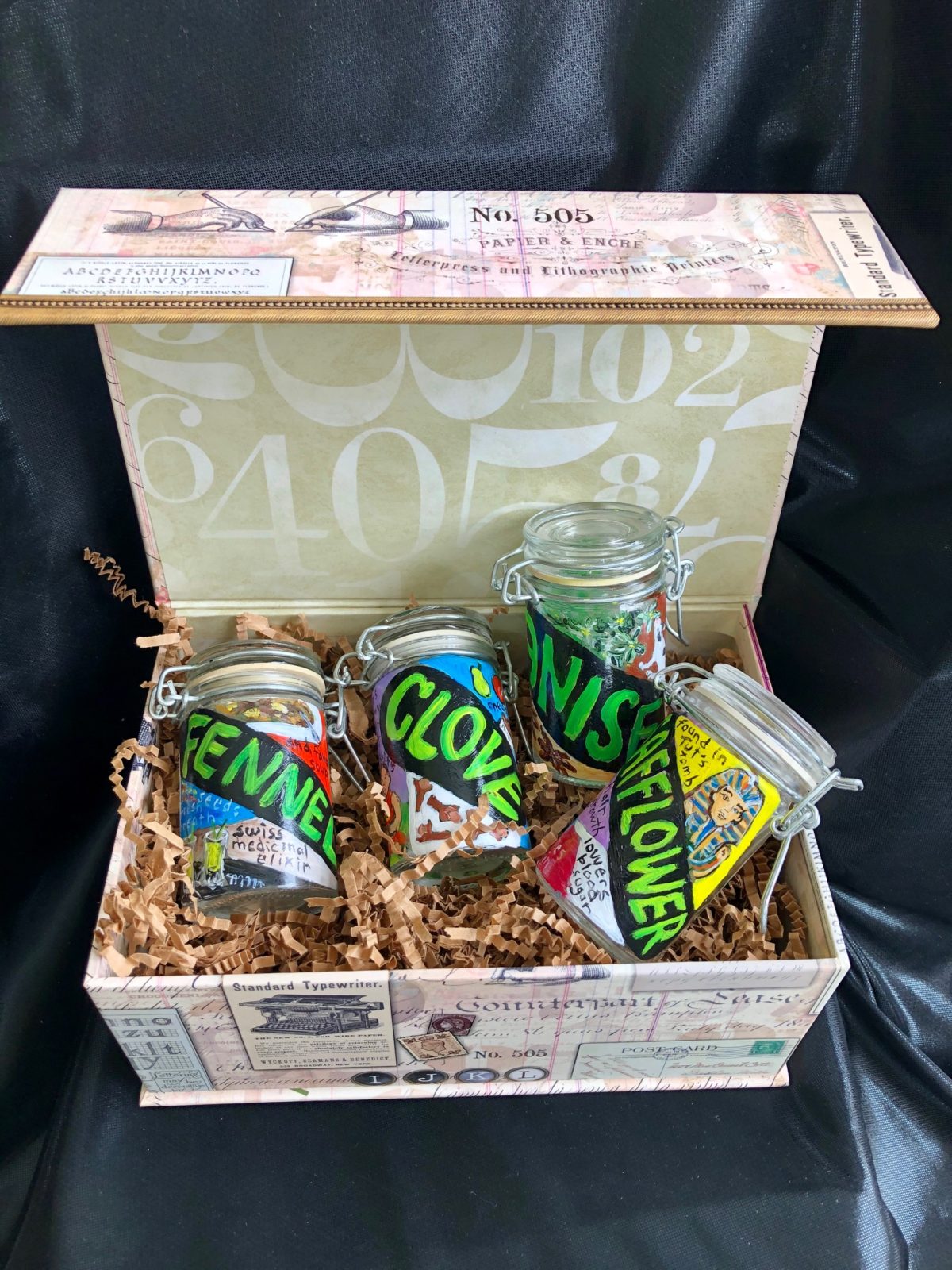 Hand Painted Glass Spice Jar Gift Set of Four. All Jars Sold Empty