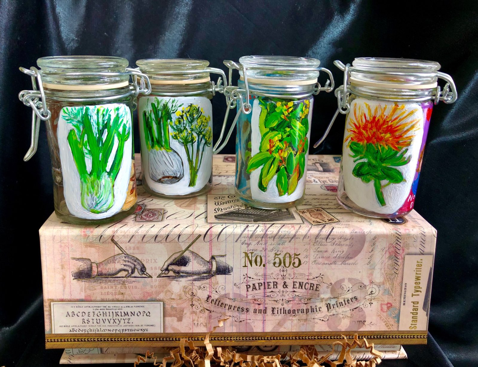 Hand Painted Glass Spice Jar Gift Set of Four. All Jars Sold Empty