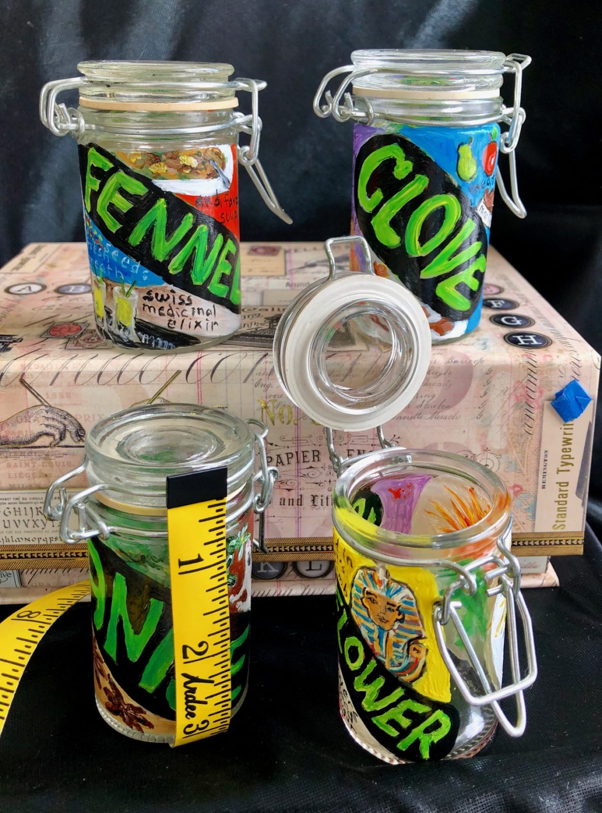 Hand Painted Glass Spice Jar Gift Set of Four. All Jars Sold Empty