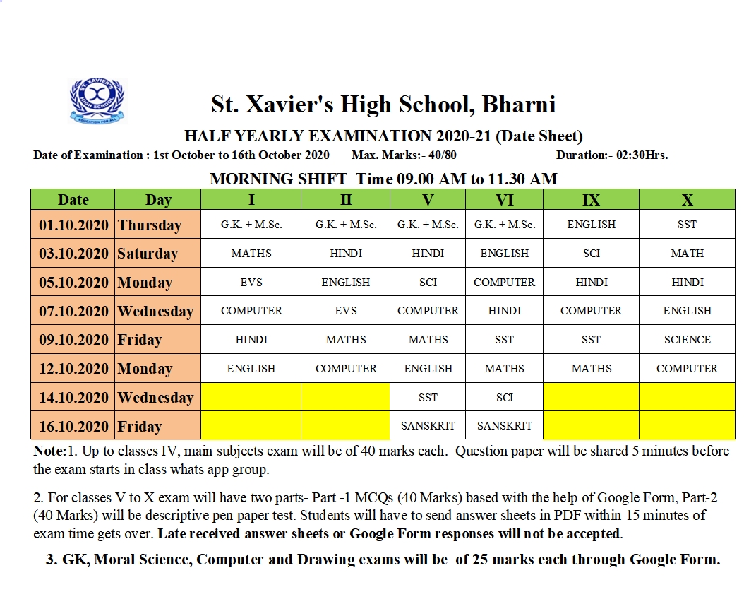 Half Yearly Examinations 2020 Timetable St. Xaviers High School