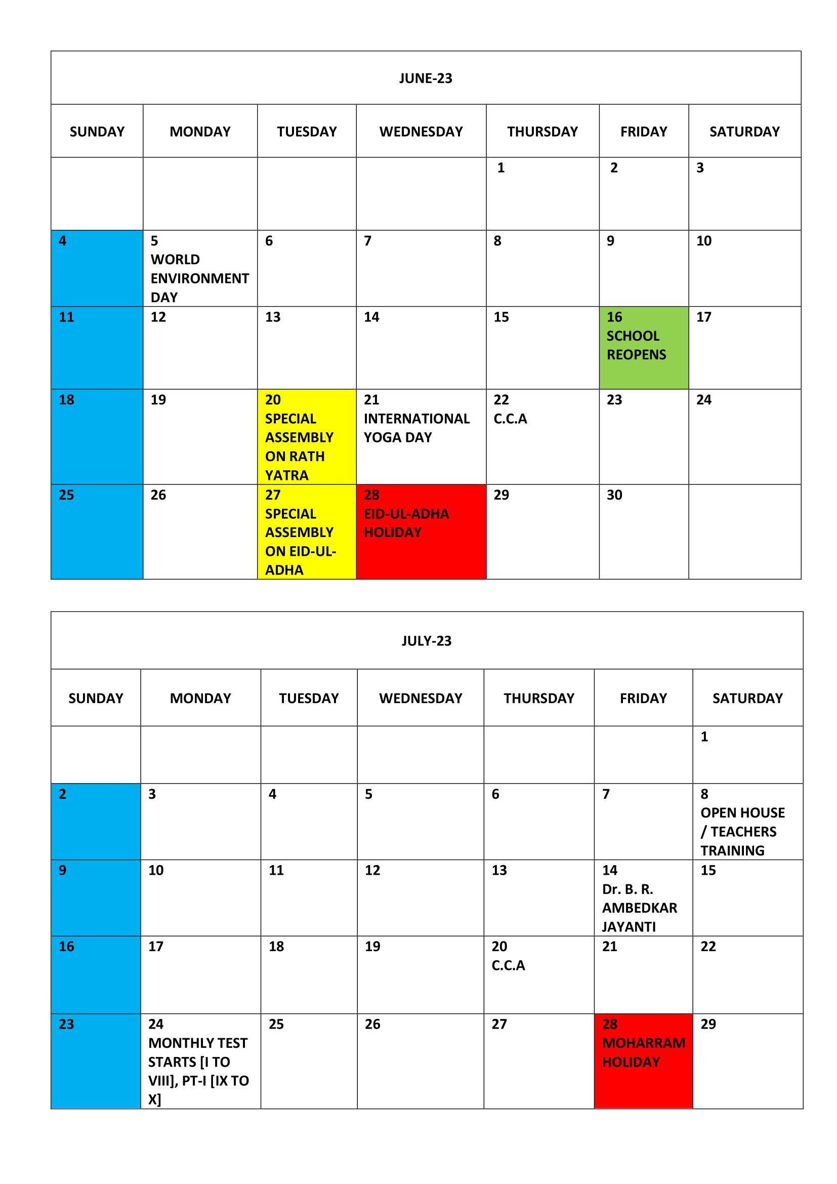 CALENDAR St. Xavier's High School,Sarkanda