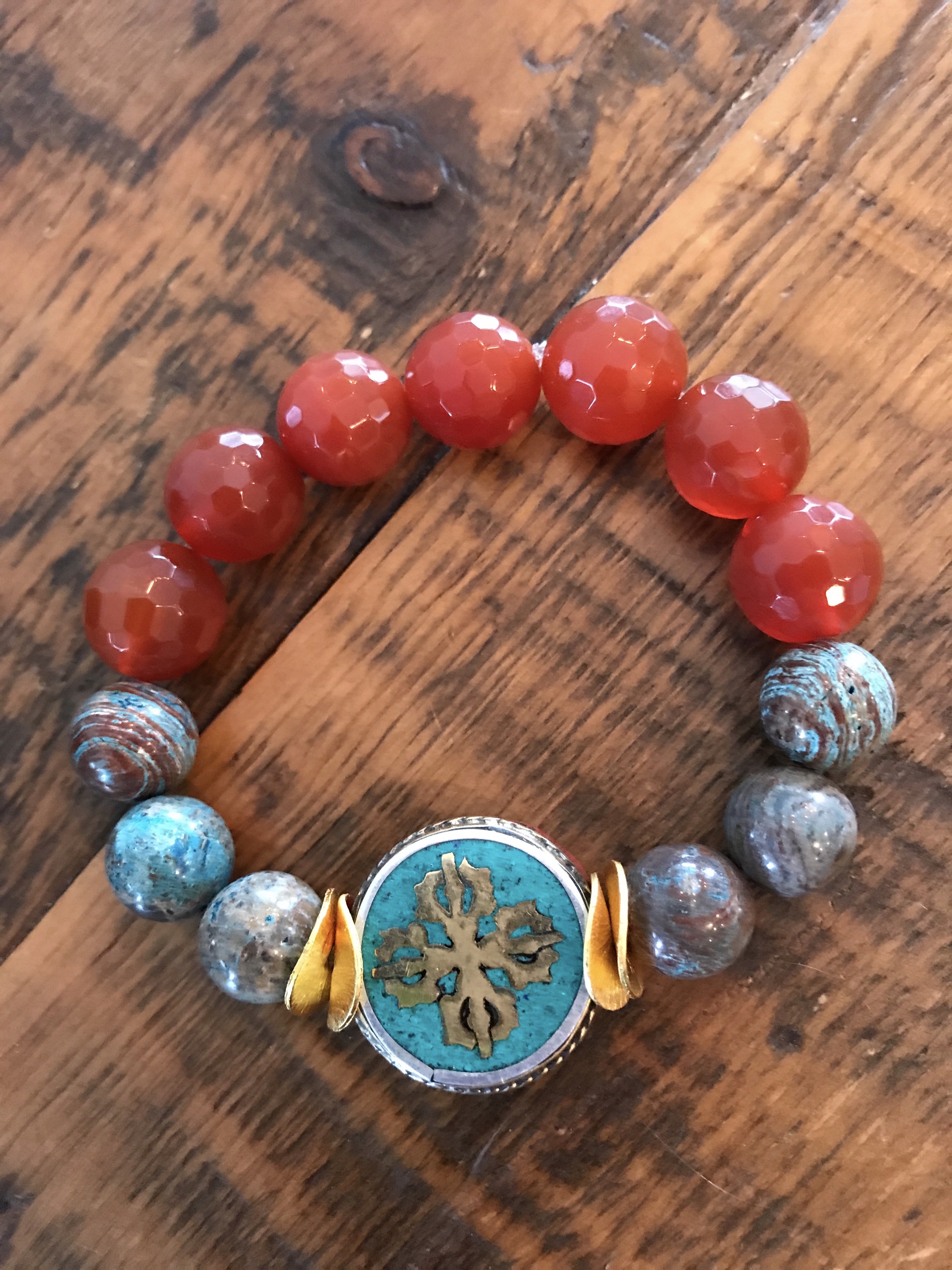 Crazy Lace Agate Beaded Gemstone Bracelet with Faceted Carnelian and a