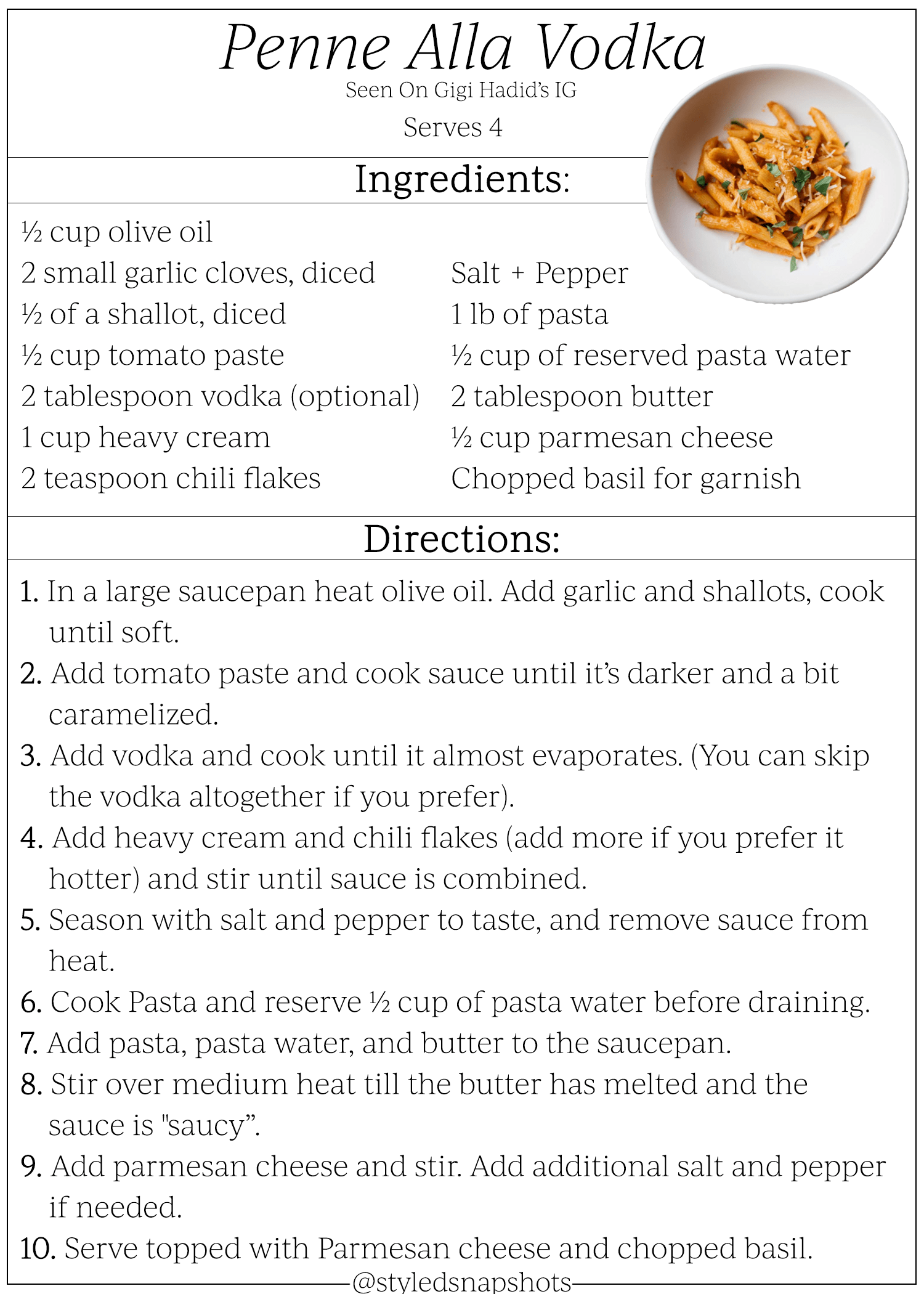 Gigi Hadid's Vodka Sauce Recipe Styled Snapshots