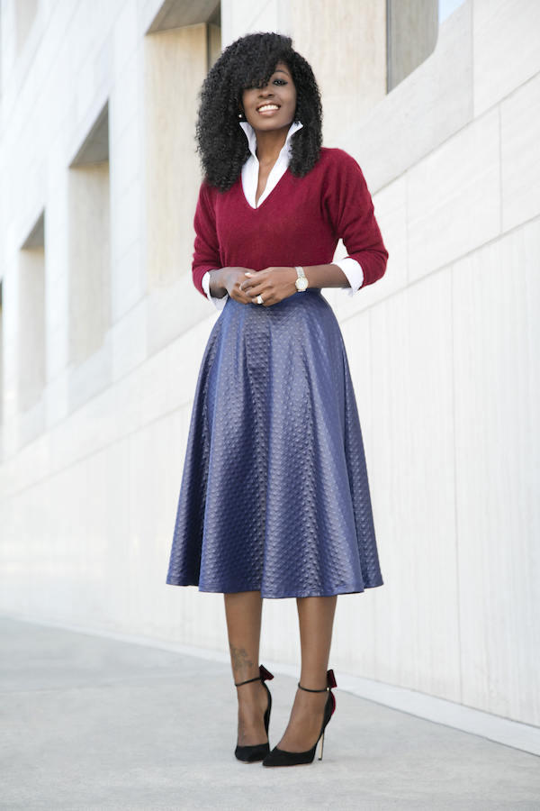Style Pantry VNeck Sweater + Button Down + Swing Midi Skirt
