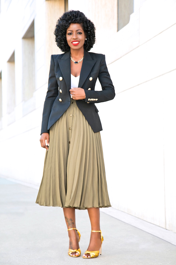 Style Pantry Double Breasted Blazer + VNeck Body + Pleated Midi Skirt