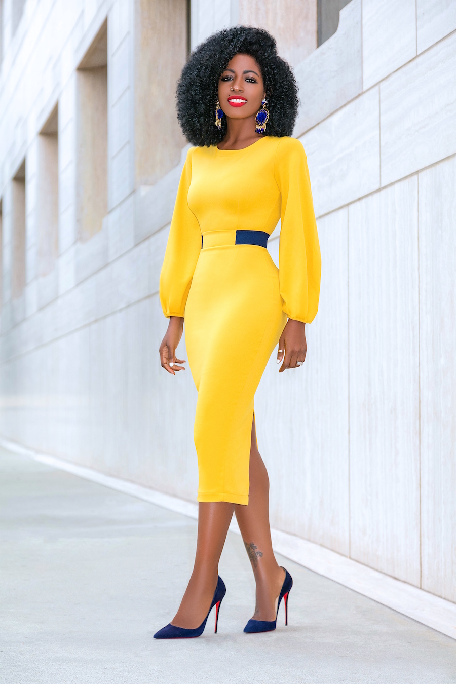 Mustard Midi Dress w/Navy Contrast Waist Style Pantry Bloglovin’