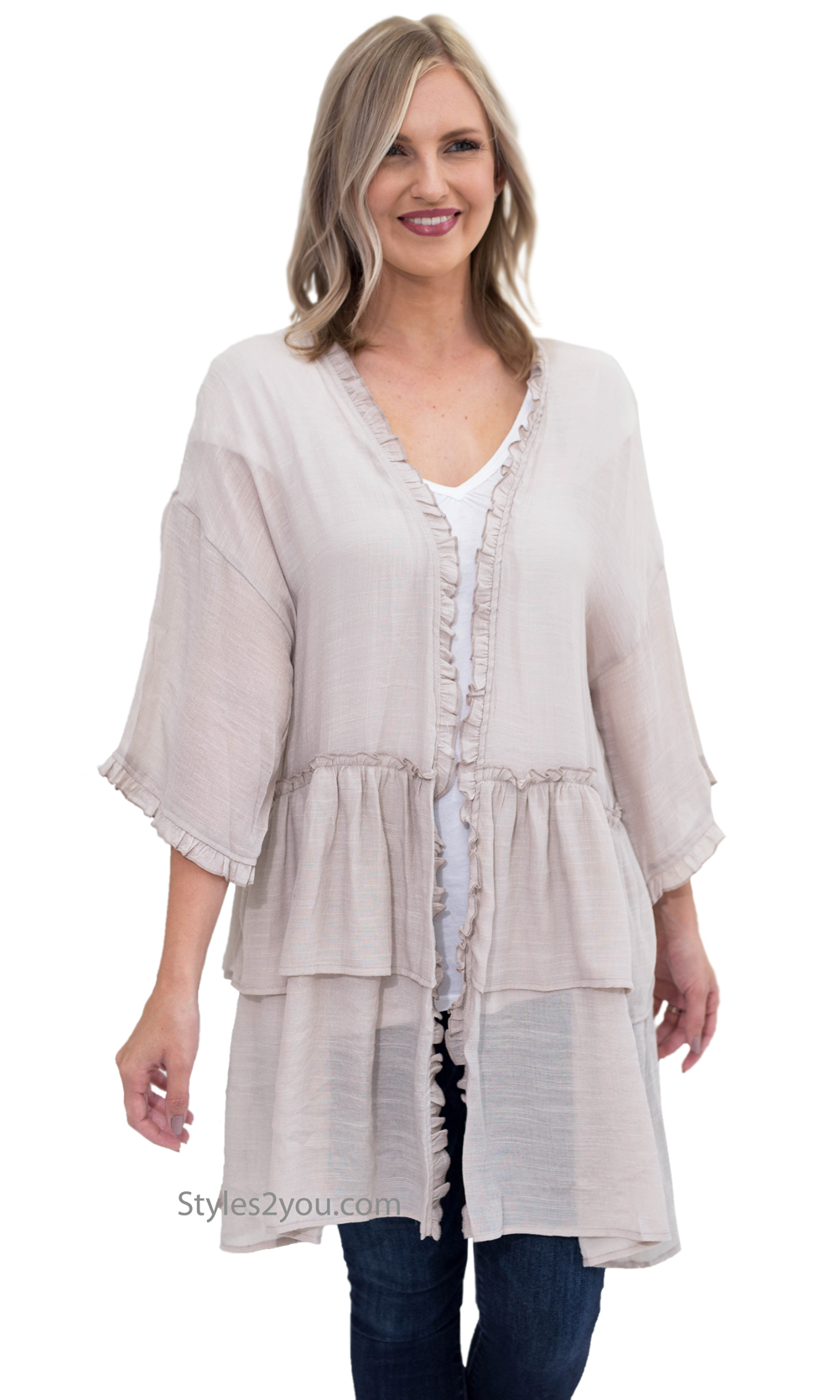 Idaho Long Open Ruffle Cardigan Half Sleeves In Natural Easel [ET3297