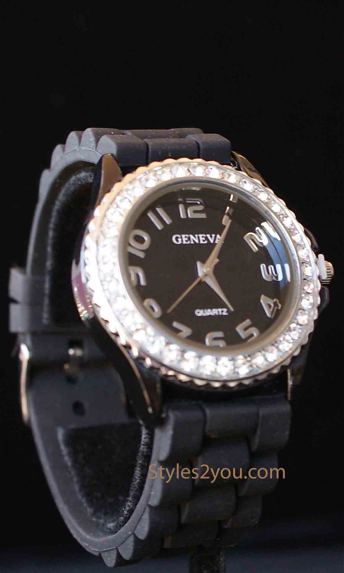 Geneva Silicone Big Face Rhinestone Watch In Black [Ladies Rhinestone