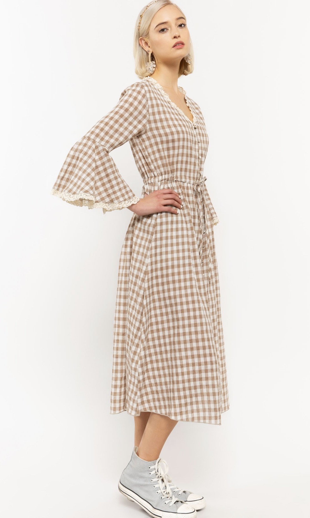 Charity 3/4 Sleeve Gingham Dress With Tie Waist Pol Dress [RCD200D POL