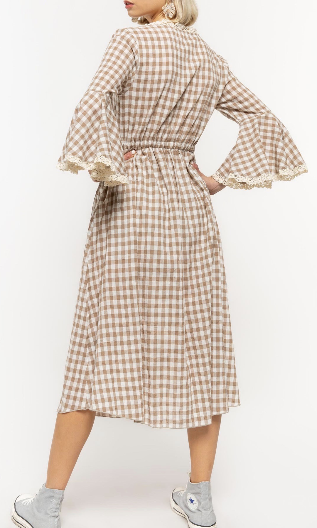 Charity 3/4 Sleeve Gingham Dress With Tie Waist Pol Dress [RCD200D POL