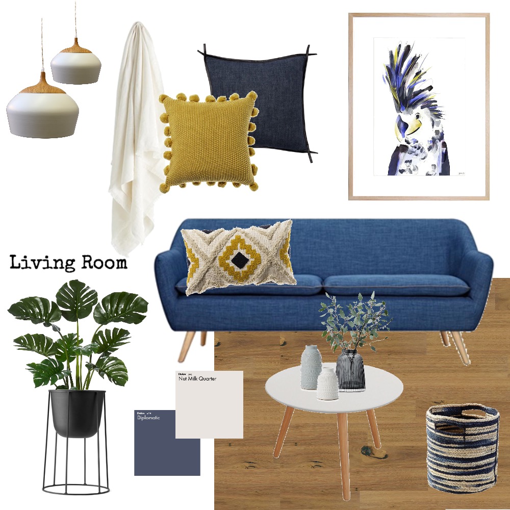 Blue Couch Living Room Interior Design Mood Board by AnnabelFoster