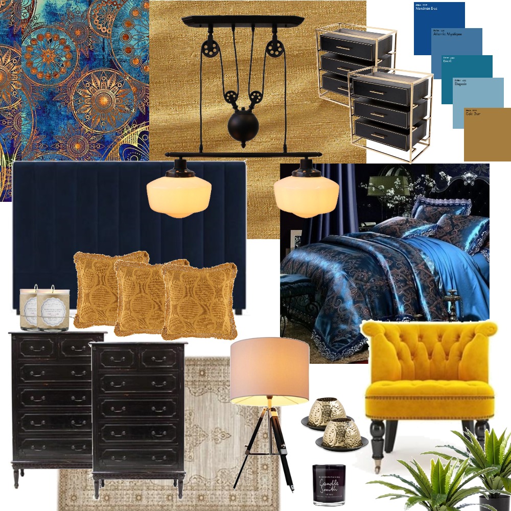 Exotic Blue Gold Bedroom Interior Design Mood Board by PaigeS Style