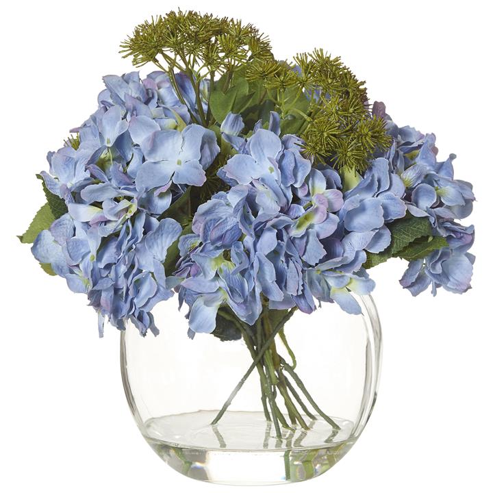 Artificial Hydrangea Meadow Rue Mix in Glass Fish Bowl, Large, Blue