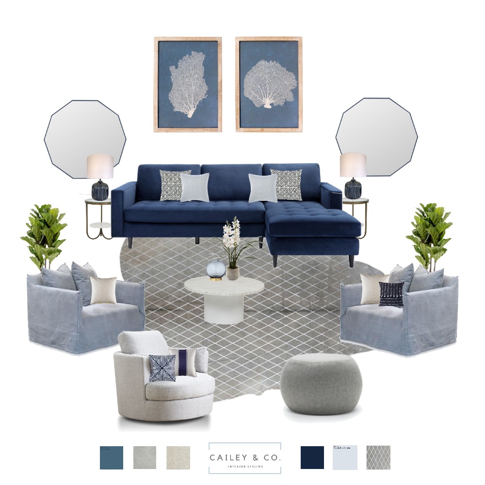 Navy Blue Inspired Living Room Interior Design Mood Board by Cailey