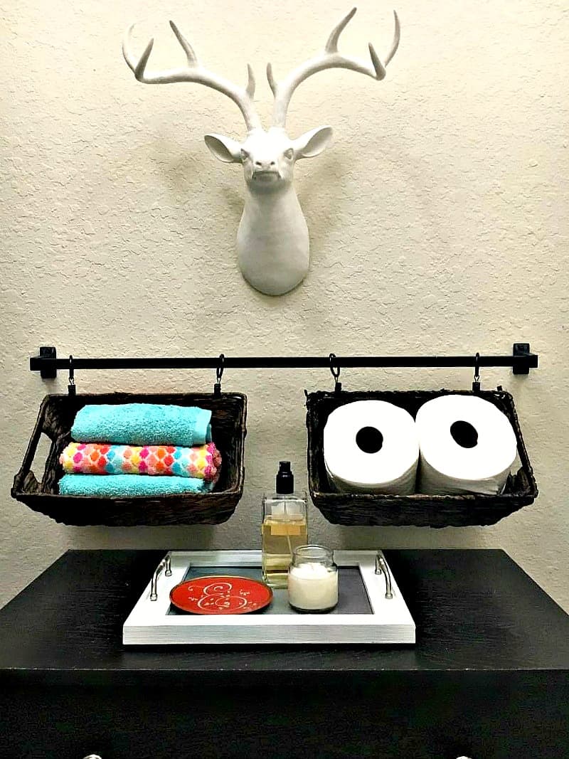 DIY Towel Bar & Wicker Basket Bathroom Organizer