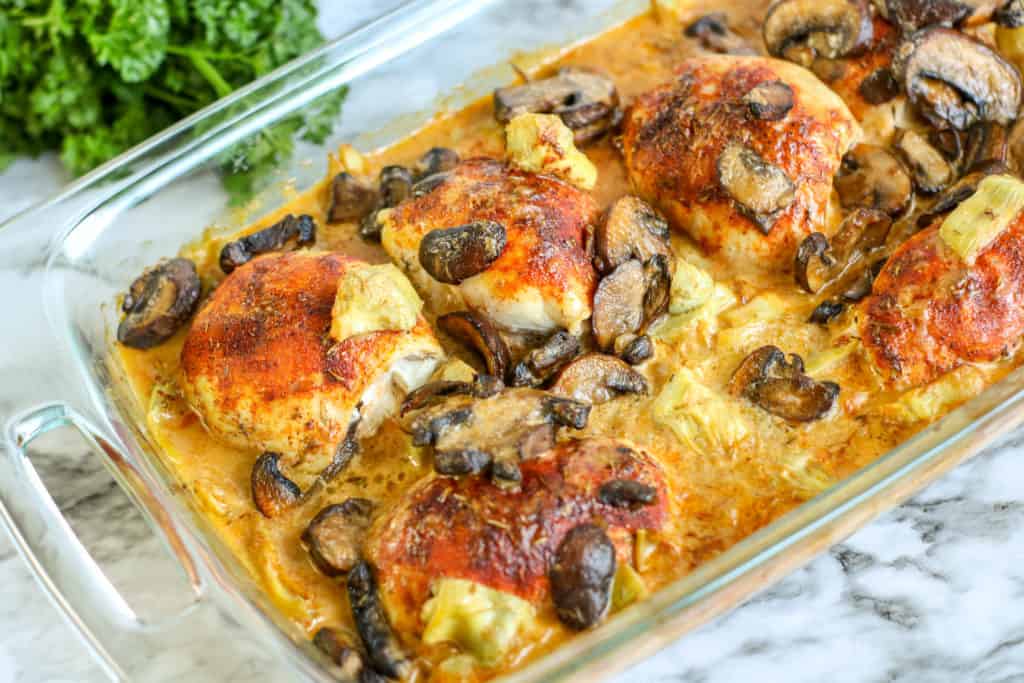 Mushroom Artichoke Chicken Savory Baked Low Carb Recipe