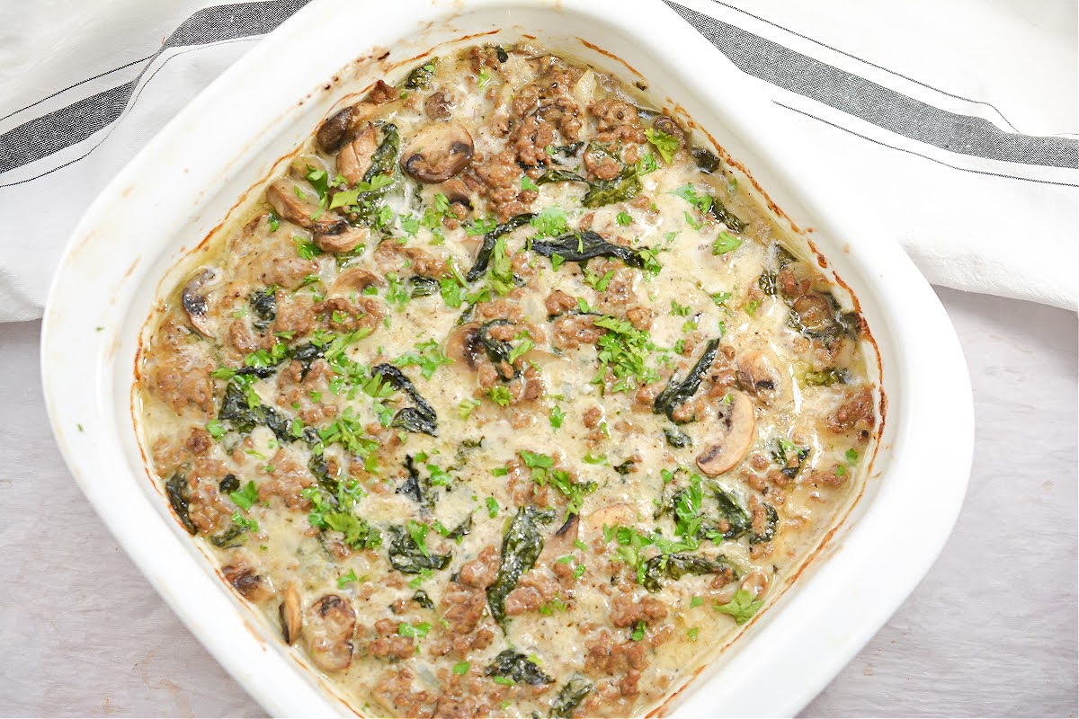 Cheesy Keto Ground Beef Casserole With Spinach and Mushrooms